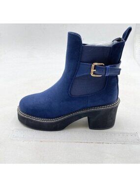 Women’s Mid Calf Boots Platform Chunky Heel Booties Buckle Zipper Blue Boots
